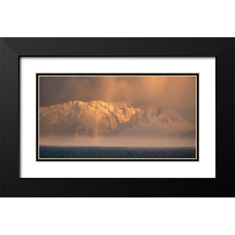 Antarctica-South Georgia Island-Bay of Isles Sunrise panoramic of fog on mountain and ocean  Black Modern Wood Framed Art Print with Double Matting by Jaynes Gallery