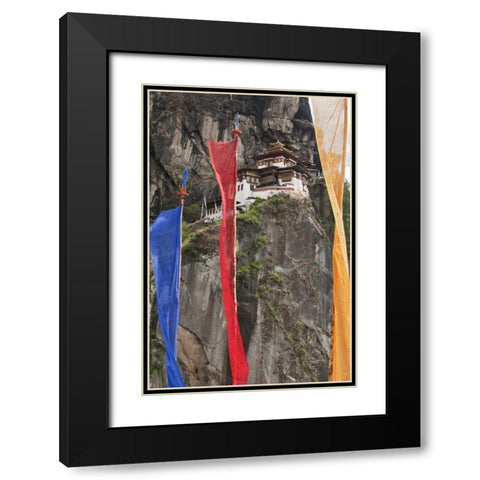 Bhutan Prayer flags hang near Taktshang Black Modern Wood Framed Art Print with Double Matting by Kirkland, Dennis
