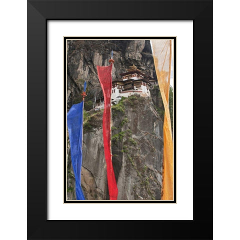 Bhutan Prayer flags hang near Taktshang Black Modern Wood Framed Art Print with Double Matting by Kirkland, Dennis