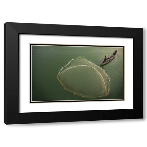 Myanmar, Fisherman casting net on Irrawaddy River Black Modern Wood Framed Art Print with Double Matting by Zuckerman, Jim