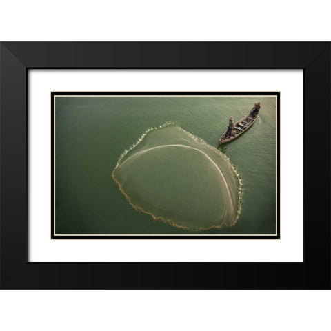 Myanmar, Fisherman casting net on Irrawaddy River Black Modern Wood Framed Art Print with Double Matting by Zuckerman, Jim