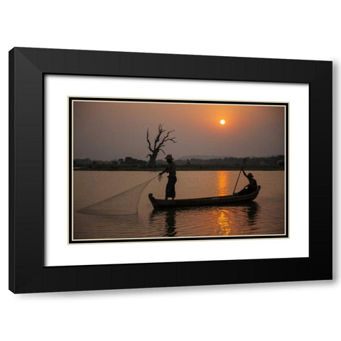 Myanmar, Amarapura Fishermen on Irrawaddy River Black Modern Wood Framed Art Print with Double Matting by Zuckerman, Jim