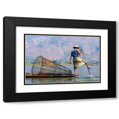 Inlay Lake-Shan State-Myanmar-Fisherman balances between his canoe and pole Black Modern Wood Framed Art Print with Double Matting by Haseltine, Tom