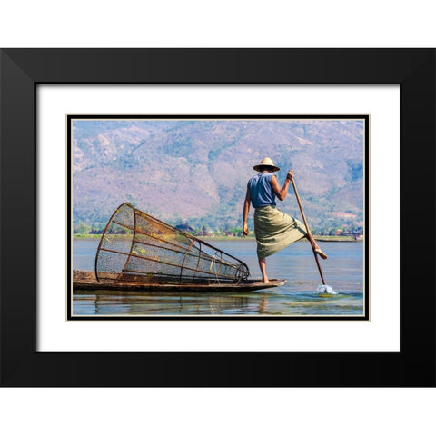 Inlay Lake-Shan State-Myanmar-Fisherman balances between his canoe and pole Black Modern Wood Framed Art Print with Double Matting by Haseltine, Tom