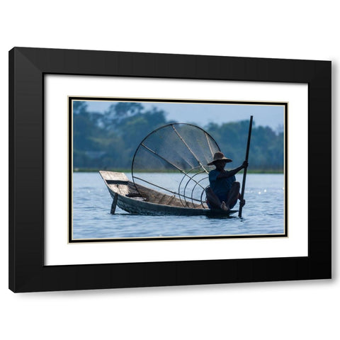 Inlay Lake-Shan State-Myanmar-Fisherman poles his canoe Black Modern Wood Framed Art Print with Double Matting by Haseltine, Tom