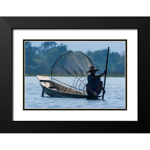 Inlay Lake-Shan State-Myanmar-Fisherman poles his canoe Black Modern Wood Framed Art Print with Double Matting by Haseltine, Tom
