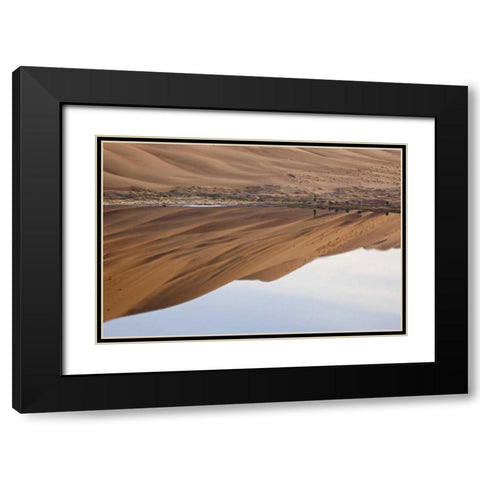 China, Badain Jaran Dune and trees by a lake Black Modern Wood Framed Art Print with Double Matting by Anon, Ellen