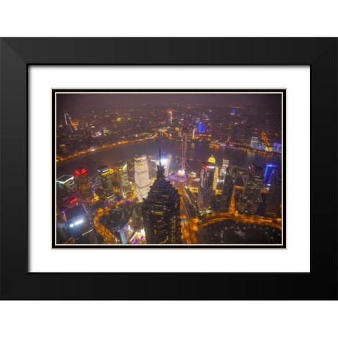 China, Shanghai Downtown buildings at night Black Modern Wood Framed Art Print with Double Matting by Zuckerman, Jim