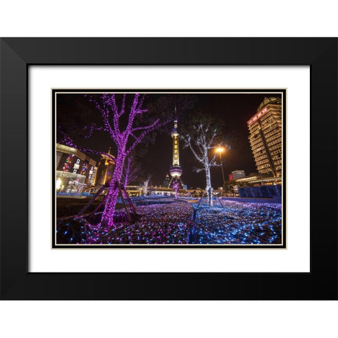 China, Shanghai Artistic light display at night Black Modern Wood Framed Art Print with Double Matting by Zuckerman, Jim