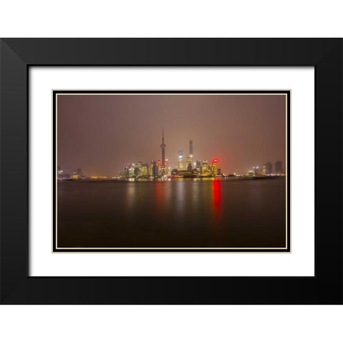 China, Shanghai Downtown buildings at night Black Modern Wood Framed Art Print with Double Matting by Zuckerman, Jim