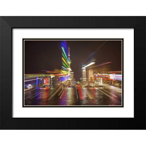 China, Shanghai Downtown buildings at night Black Modern Wood Framed Art Print with Double Matting by Zuckerman, Jim