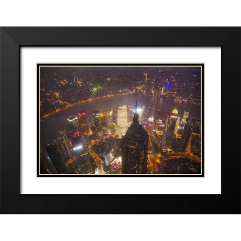 China, Shanghai Downtown buildings at night Black Modern Wood Framed Art Print with Double Matting by Zuckerman, Jim