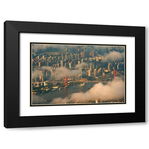Aerial view of Shanghai-China Black Modern Wood Framed Art Print with Double Matting by Su, Keren