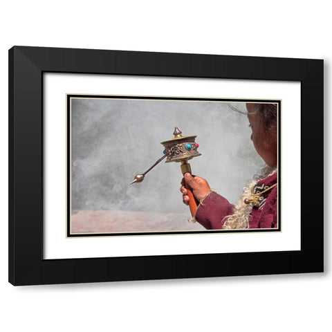 Tibetan girl-prayer wheel-Drepung Monastery-Gelug university monasteries of Tibet-Lhasa-Tibet-China Black Modern Wood Framed Art Print with Double Matting by Su, Keren