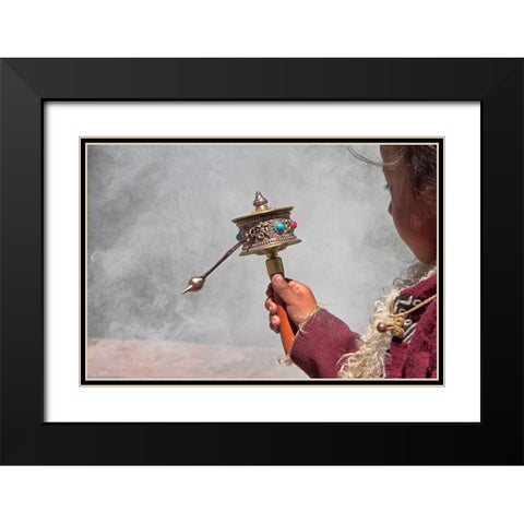 Tibetan girl-prayer wheel-Drepung Monastery-Gelug university monasteries of Tibet-Lhasa-Tibet-China Black Modern Wood Framed Art Print with Double Matting by Su, Keren