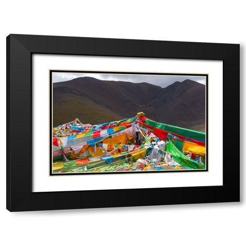 Prayer flags on Tibetan Plateau with Tanggula Mountain-Namtso-Lake Nam-Tibet-China Black Modern Wood Framed Art Print with Double Matting by Su, Keren