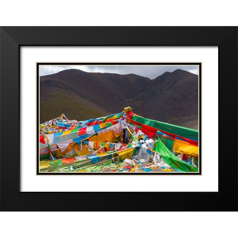 Prayer flags on Tibetan Plateau with Tanggula Mountain-Namtso-Lake Nam-Tibet-China Black Modern Wood Framed Art Print with Double Matting by Su, Keren