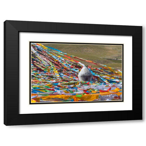 Prayer flags with juniper incense burner on Tibetan Plateau-Namtso-Lake Nam-Tibet-China Black Modern Wood Framed Art Print with Double Matting by Su, Keren