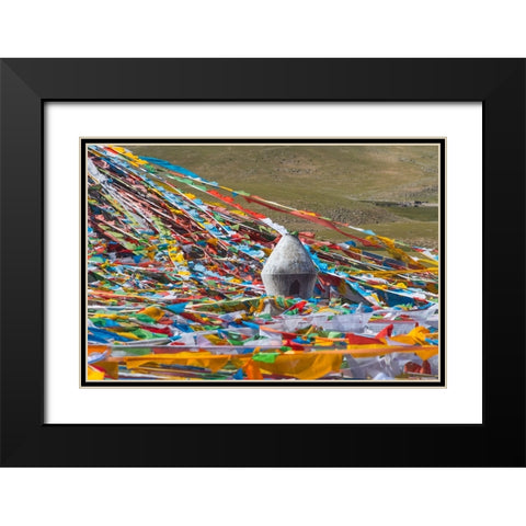 Prayer flags with juniper incense burner on Tibetan Plateau-Namtso-Lake Nam-Tibet-China Black Modern Wood Framed Art Print with Double Matting by Su, Keren