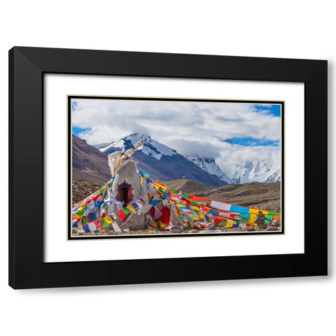 Mani pile and prayer flags in Rongbuk Valley-Lhotse peak-Mt-Everest-Shigatse Prefecture-Tibet-China Black Modern Wood Framed Art Print with Double Matting by Su, Keren