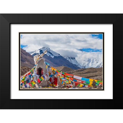 Mani pile and prayer flags in Rongbuk Valley-Lhotse peak-Mt-Everest-Shigatse Prefecture-Tibet-China Black Modern Wood Framed Art Print with Double Matting by Su, Keren