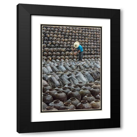 Man in the middle of big pile of wine jars-Wuxi-Jiangsu Province-China Black Modern Wood Framed Art Print with Double Matting by Su, Keren
