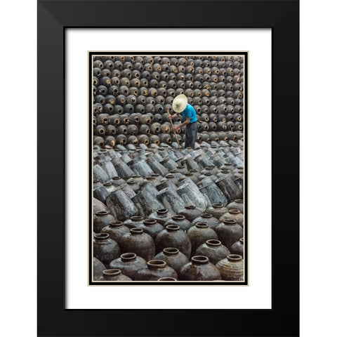 Man in the middle of big pile of wine jars-Wuxi-Jiangsu Province-China Black Modern Wood Framed Art Print with Double Matting by Su, Keren