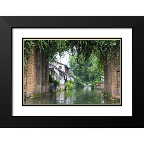 Stone bridge and traditional houses on the Grand Canal-Shaoxing-Zhejiang Province-China Black Modern Wood Framed Art Print with Double Matting by Su, Keren