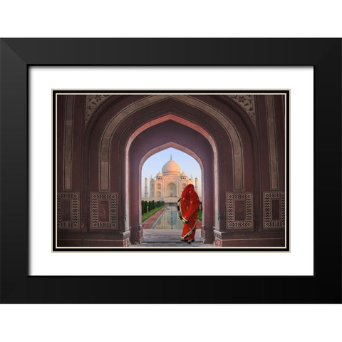 India-Agra-Taj Mahal-Composite of woman in archway facing mausoleum Black Modern Wood Framed Art Print with Double Matting by Jaynes Gallery