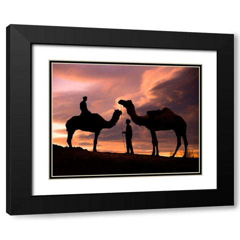 Young men and camels at sunset in the Rajasthan desert-Pushkar-India Black Modern Wood Framed Art Print with Double Matting by SMO