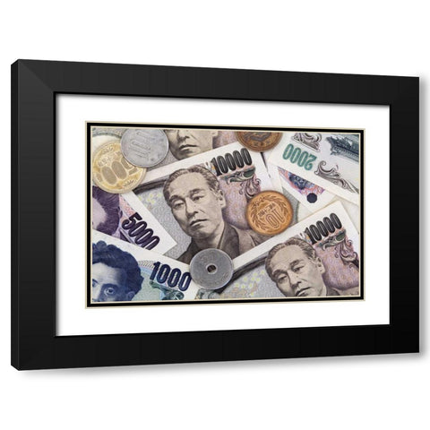 Japan Japanese paper currency and coins Black Modern Wood Framed Art Print with Double Matting by Flaherty, Dennis