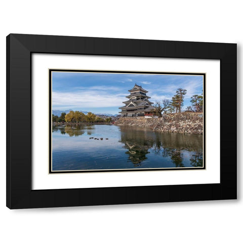 The reflection of the Matsumoto Castle and the castle against the mountain backdrop in Japan Black Modern Wood Framed Art Print with Double Matting by Haddad, Sheila