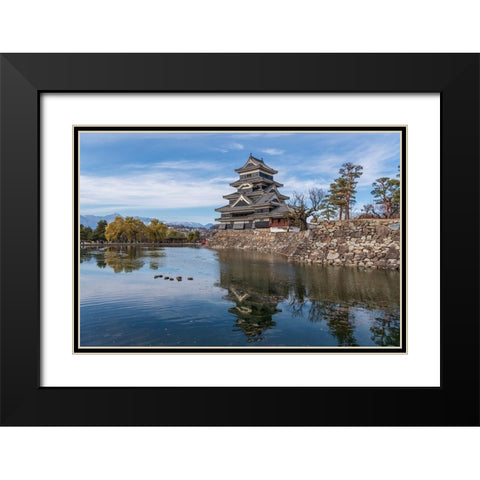 The reflection of the Matsumoto Castle and the castle against the mountain backdrop in Japan Black Modern Wood Framed Art Print with Double Matting by Haddad, Sheila