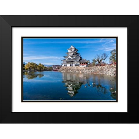 The Matsumoto Castle with reflection in the moat with bridge-walkway and mountains behind-Japan Black Modern Wood Framed Art Print with Double Matting by Haddad, Sheila
