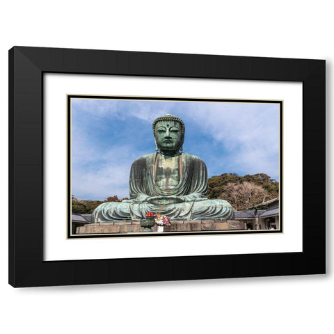 The Great Buddha-Daibutsu-offerings in front-blue sky above in Kamakura-Japan Black Modern Wood Framed Art Print with Double Matting by Haddad, Sheila