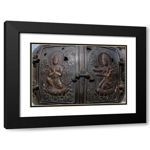 The ornate-engraved bronze doors to the outdoor incense burner of the Daibutsu-Kamakura-Japan Black Modern Wood Framed Art Print with Double Matting by Haddad, Sheila