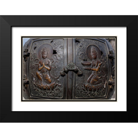 The ornate-engraved bronze doors to the outdoor incense burner of the Daibutsu-Kamakura-Japan Black Modern Wood Framed Art Print with Double Matting by Haddad, Sheila