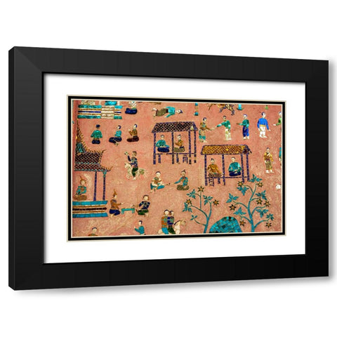 Laos-Luang Prabang-Detail of mosaic decorations depicting people on the side of a building Black Modern Wood Framed Art Print with Double Matting by Haseltine, Tom
