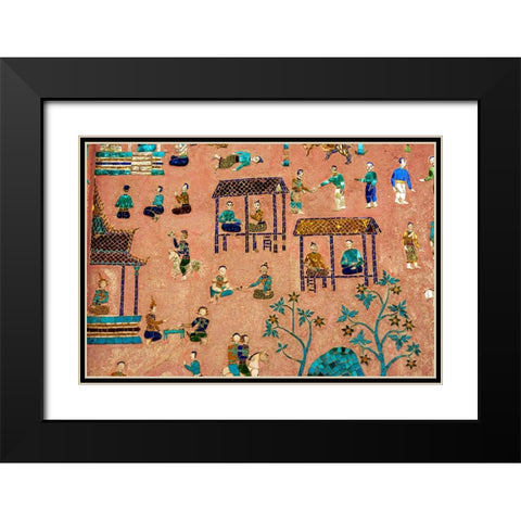 Laos-Luang Prabang-Detail of mosaic decorations depicting people on the side of a building Black Modern Wood Framed Art Print with Double Matting by Haseltine, Tom