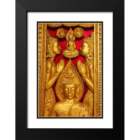 Laos- Luang Prabang. Haw Pha Bang-Carved panel on wall. Black Modern Wood Framed Art Print with Double Matting by Haseltine, Tom