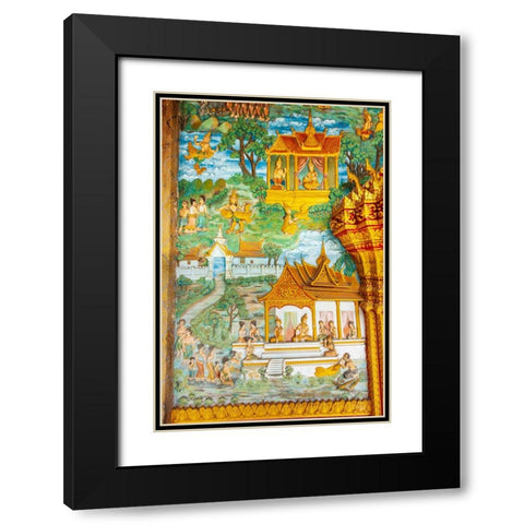 Luang Prabang- Laos. Ancient mural carvings in Wat Mahathat facade. Black Modern Wood Framed Art Print with Double Matting by Haseltine, Tom