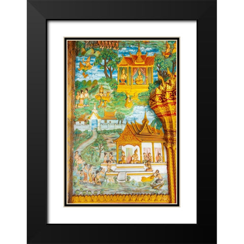Luang Prabang- Laos. Ancient mural carvings in Wat Mahathat facade. Black Modern Wood Framed Art Print with Double Matting by Haseltine, Tom