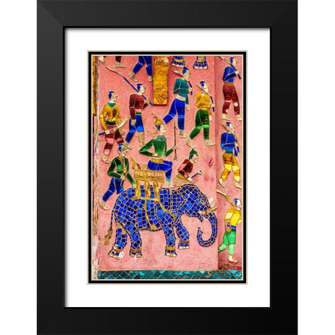 Laos- Luang Prabang. Mosaic mural depicting a man riding an elephant Black Modern Wood Framed Art Print with Double Matting by Haseltine, Tom