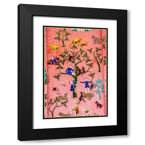 Laos- Luang Prabang. Mosaic mural depicting people and animals. Black Modern Wood Framed Art Print with Double Matting by Haseltine, Tom