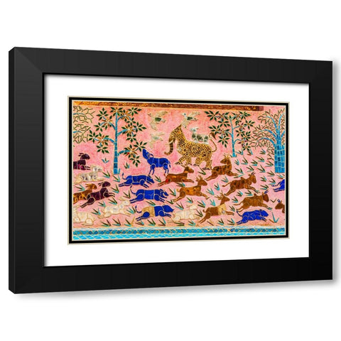 Laos- Luang Prabang. Mosaic mural depicting animals. Black Modern Wood Framed Art Print with Double Matting by Haseltine, Tom
