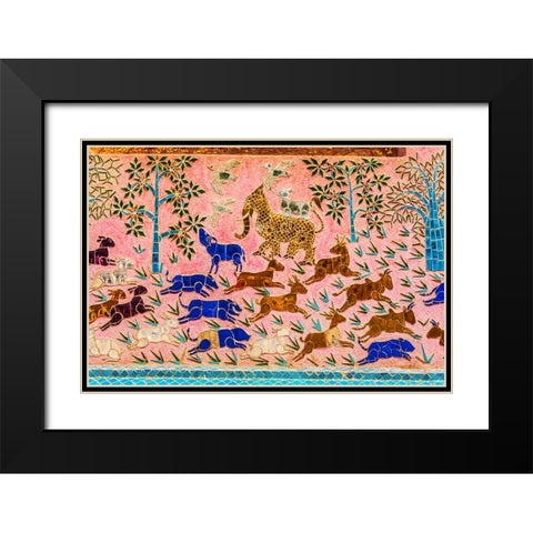 Laos- Luang Prabang. Mosaic mural depicting animals. Black Modern Wood Framed Art Print with Double Matting by Haseltine, Tom