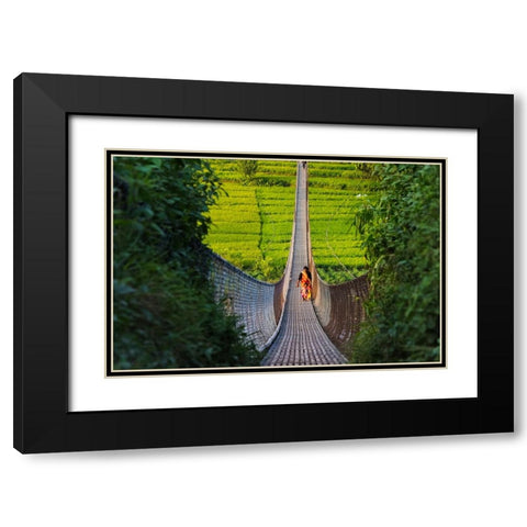 People crossing suspension bridge over Trishuli River-Tupche-Nuwakot District-Province 3-Nepal Black Modern Wood Framed Art Print with Double Matting by Su, Keren