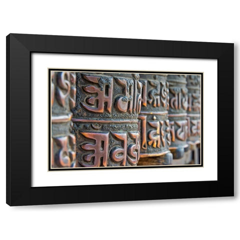 Bronze prayer wheels carved with Buddhist scripture-Swayambhunath-Kathmandu-Nepal Black Modern Wood Framed Art Print with Double Matting by Su, Keren