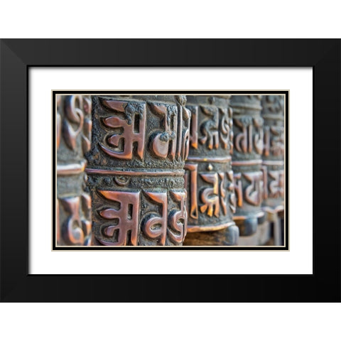 Bronze prayer wheels carved with Buddhist scripture-Swayambhunath-Kathmandu-Nepal Black Modern Wood Framed Art Print with Double Matting by Su, Keren