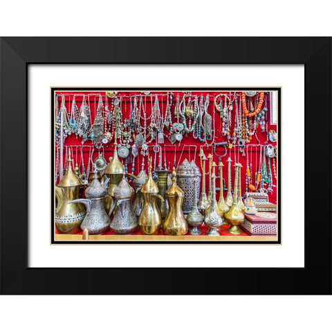 Middle East-Arabian Peninsula-Oman-Ad Dakhiliyah-Nizwa-Traditional tea pots and jewelry for sale Black Modern Wood Framed Art Print with Double Matting by Wilson, Emily M.